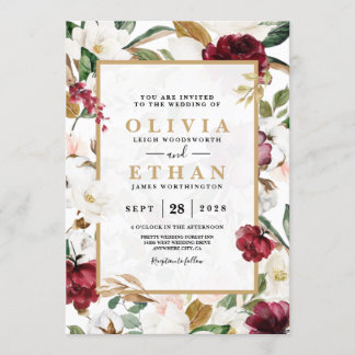 Blommig elegant burgunderfärgad magnolia grönska r inbjudningar