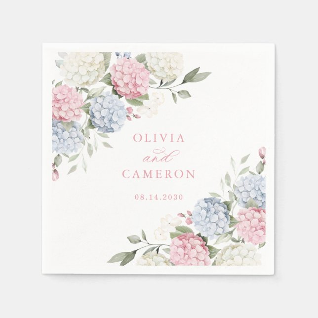 Blommig Elegant Dammig Blå Rosa Hydrangea Bröllop Pappersservett (Framsidan)