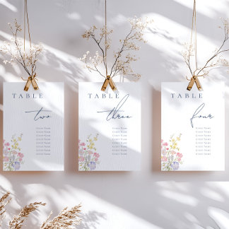 Blommig Elegant Dammig Blå Skrift Bröllop Bordsnummer