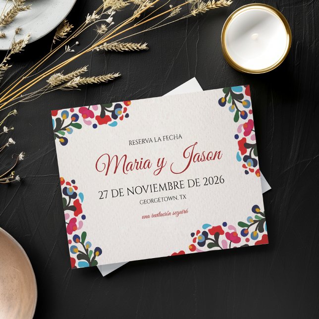 Blommig Elegant Färgrik Fiesta Spansk Bröllop Spara Datumet (Floral Elegant Colorful Fiesta Spanish Wedding Save The Date)