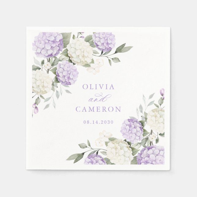 Blommig Elegant Lila Hydrangea Grönska Bröllop Pappersservett (Framsidan)