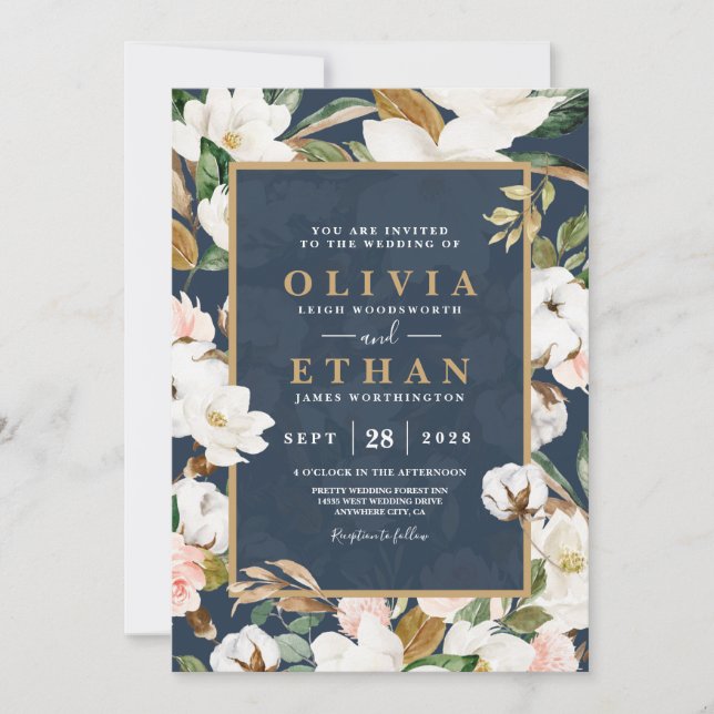 Blommig Elegant Magnolia Rosé Navy Neutral Inbjudningar (Framsida)