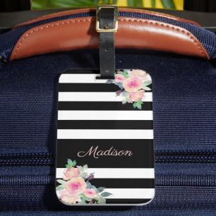 Blommig Elegant Randig Namn Rosa Svart Vitt Bagagebricka