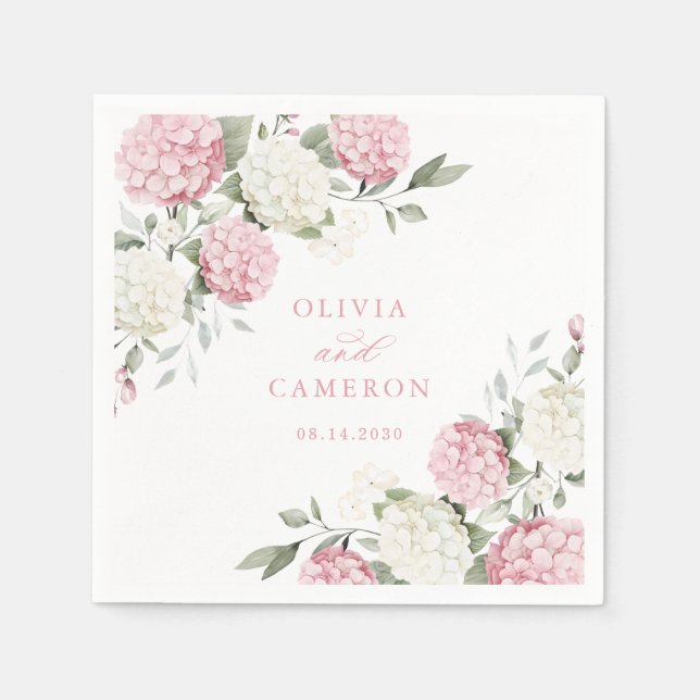 Blommig Elegant Rosa Hydrangea Grönska Bröllop Pappersservett (Framsidan)