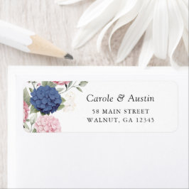Blommig Elegant Rosa & Marinblå Hortensia Adress Returadress Etikett