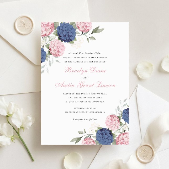 Blommig Elegant Rosa & Marinblå Hydrangea Bröllop  Inbjudningar (Skapare uppladdad)