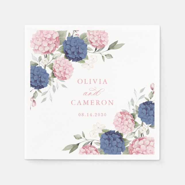 Blommig Elegant Rosa Marinblå Hydrangea Bröllop Pappersservett (Framsidan)