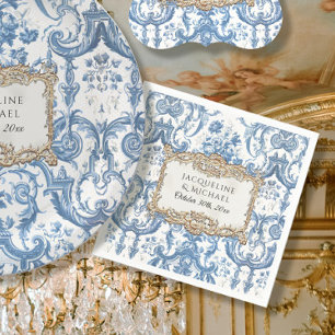 Blommig Elegant Vintage Blå och Vit Guld Bröllop Pappersservett