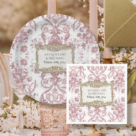 Blommig Elegant Vintage Rosa och Vitt Guld Bröllop Pappersservett