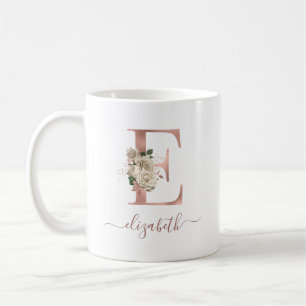 Blommig Elfenbensfärgad Roséguld Monogram Bokstav  Kaffemugg