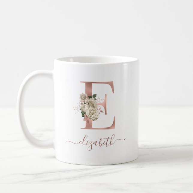 Blommig Elfenbensfärgad Roséguld Monogram Bokstav  Kaffemugg (Vänster)