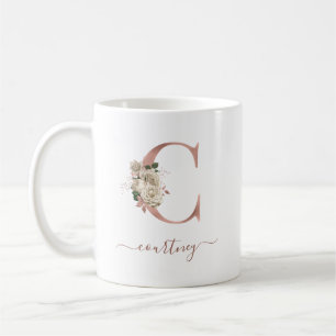 Blommig Elfenbensfärgad Roséguld Monogram Bokstav Kaffemugg