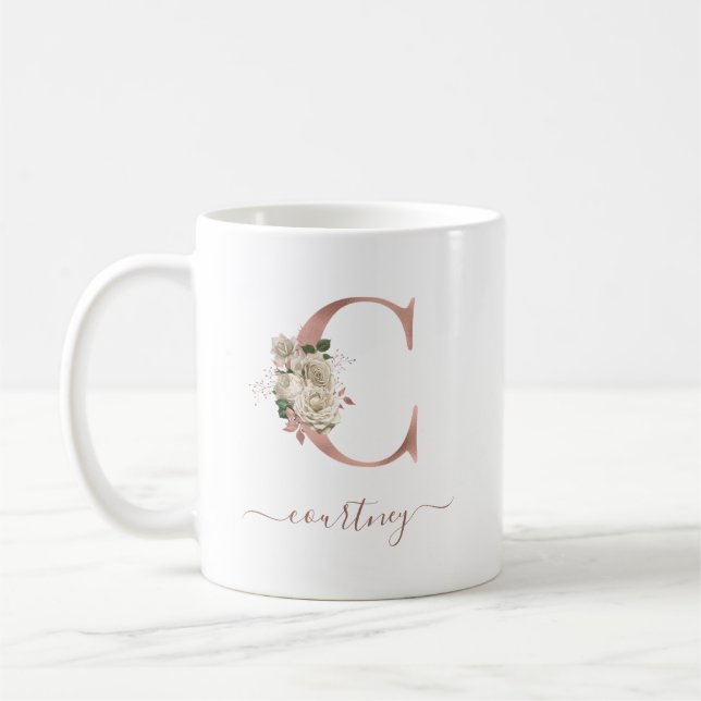 Blommig Elfenbensfärgad Roséguld Monogram Bokstav  Kaffemugg (Vänster)