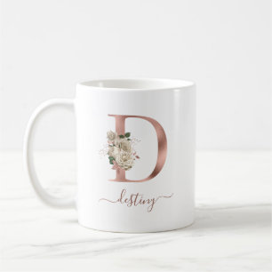 Blommig Elfenbensfärgad Roséguld Monogram Bokstav Kaffemugg