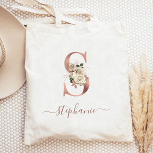 Blommig Elfenbensfärgad Roséguld Monogram Bokstav Tygkasse