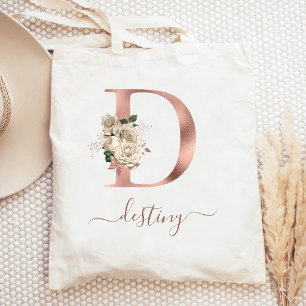 Blommig Elfenbensfärgad Roséguld Monogram Bokstav  Tygkasse