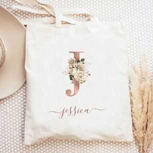 Blommig Elfenbensfärgad Roséguld Monogram Bokstav Tygkasse