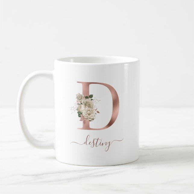 Blommig Elfenbensvit Roséguld Monogram Bokstav "D" Kaffemugg (Vänster)