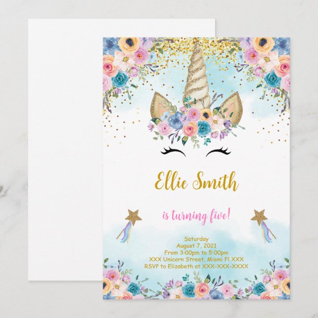 Blommig enhörning födelsedagsinbjudan inbjudningar (Fram/baksida)