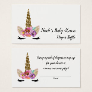 Blommig Enhörning Guld Glitter Baby Shower Lotteri Visitkort