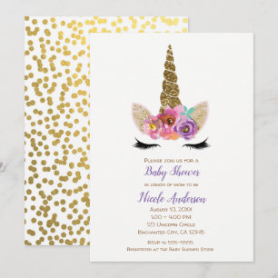 Blommig Enhörning Horn Guld Konfetti Baby Shower Inbjudningar