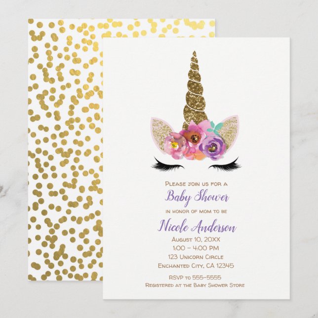 Blommig Enhörning Horn Guld Konfetti Baby Shower Inbjudningar (Fram/baksida)