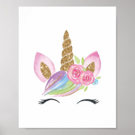 Blommig Enhörning Vattenfärg Barnkammar Väggdekora Poster