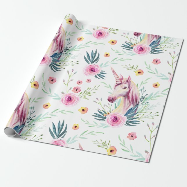 Blommig Enhörningsmönster Presentpapper (Utrullad)