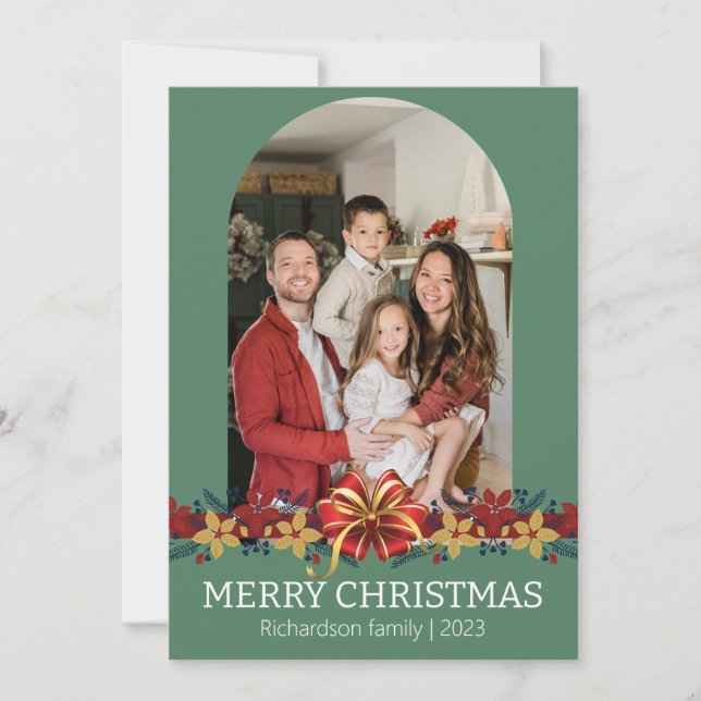 Blommig Enkel Elegant Familj Julbild Julkort (Framsida)