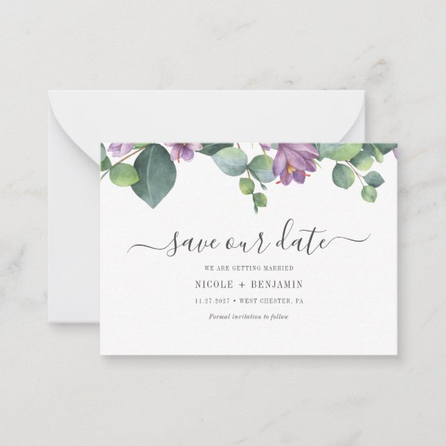 Blommig Eucalyptus Script Greenery Spara Datumet Anteckningskort (Framsida)