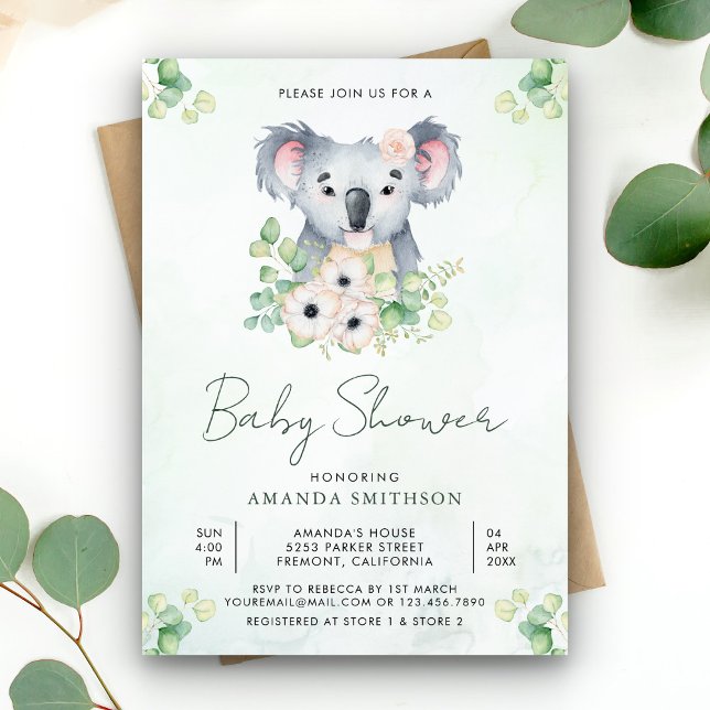 Blommig Eukalyptus Koala Flicka Barnkalas Inbjudningar (Skapare uppladdad)
