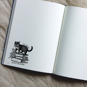 Blommig Ex Libris Bokmärke, Vintage Katt Bok Stämpel
