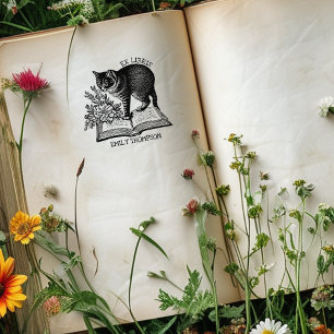 Blommig Ex Libris Bokmärke, Vintage Katt Bok Stämpel