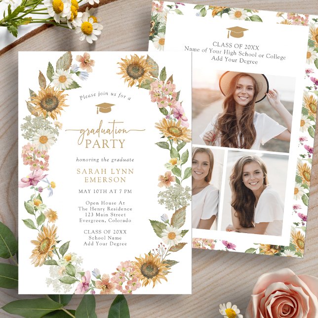 Blommig Examenfest Inbjudningar (Watercolor Floral Graduation Party Invitation with Photo Collage by Painted Paperie
)