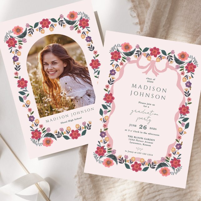 Blommig Examenfest Invitation Elegant Ram Inbjudningar (Floral Graduation Party Invitation Elegant Frame)