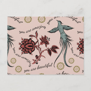 Blommig Fågel Inspirerande Mönster Vykort