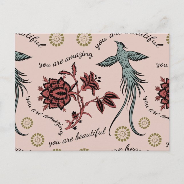 Blommig Fågel Inspirerande Mönster Vykort (Framsida)