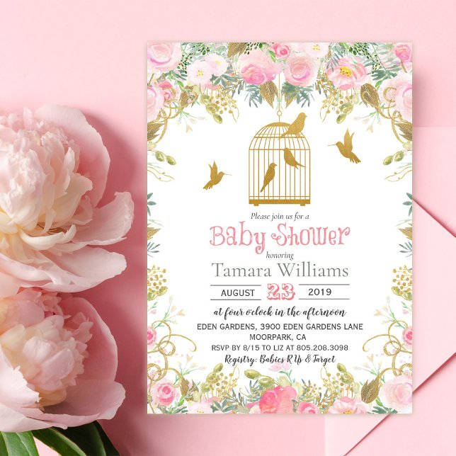 Blommig Fågelbur Baby Shower Inbjudan (Skapare uppladdad)