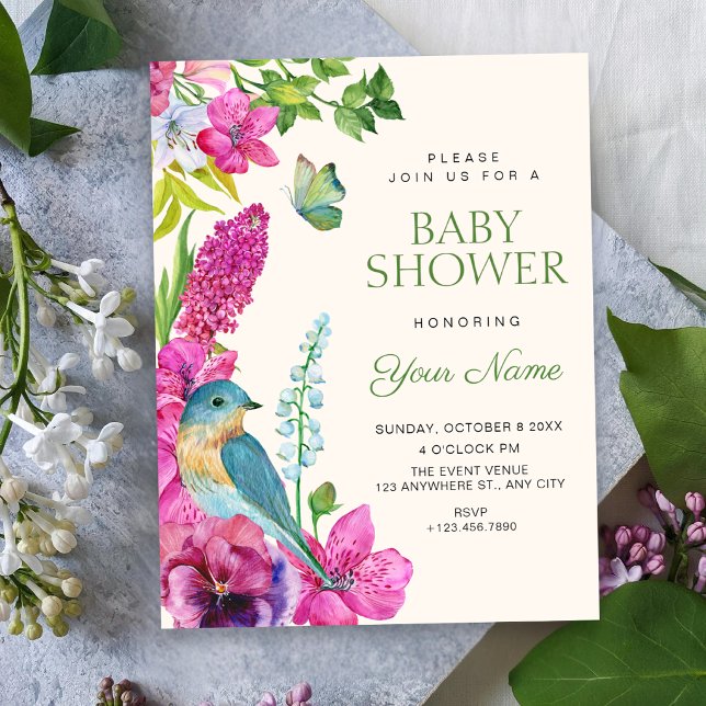 Blommig fågelkonst baby shower inbjudningar (Skapare uppladdad)