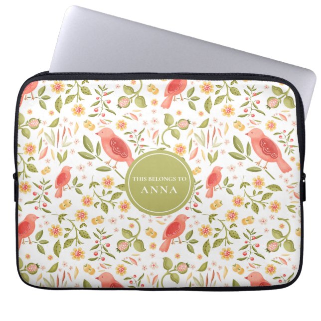 Blommig fågelmönster – Elegant botanisk design Laptop Fodral (Framsidan)