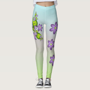 Blommig fantasi lila blommor gröna former fraktal leggings