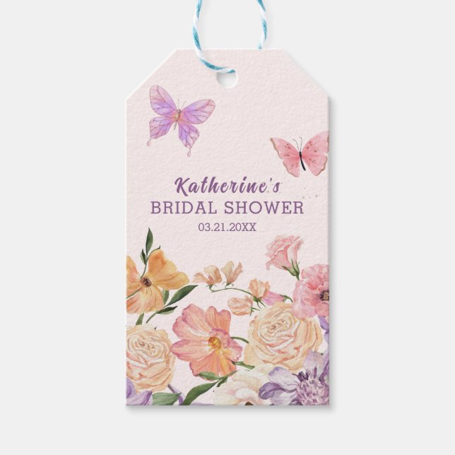 Blommig fantasifull trädgård Fjärilar Bröllopsdusc Presentetikett (Framsidan)