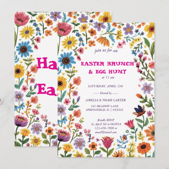 Blommig färgglad påskbrunch & jakt inbjudningar (Fram/baksida)