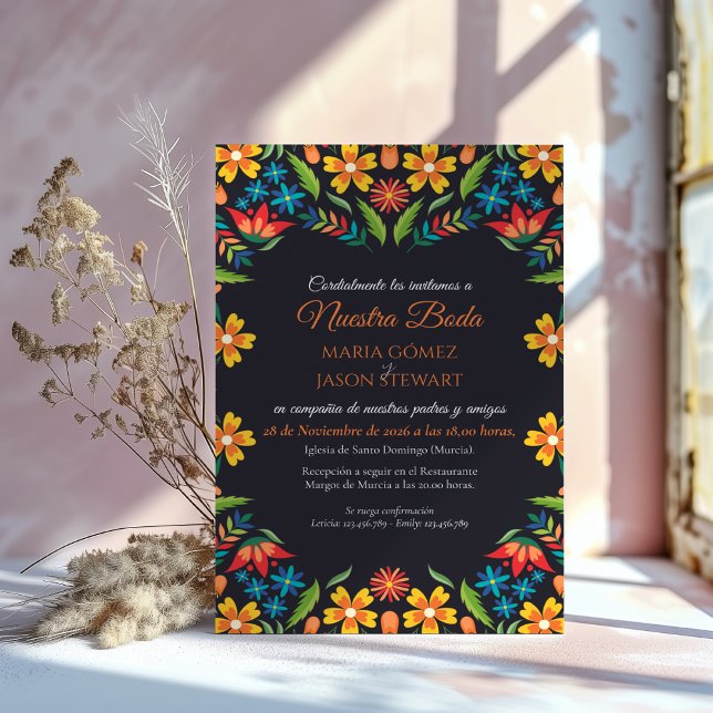 Blommig Färgrik Botanisk Blommor Spansk Bröllop Inbjudningar (Floral Colorful Botanical Flowers Spanish Wedding Invitation)
