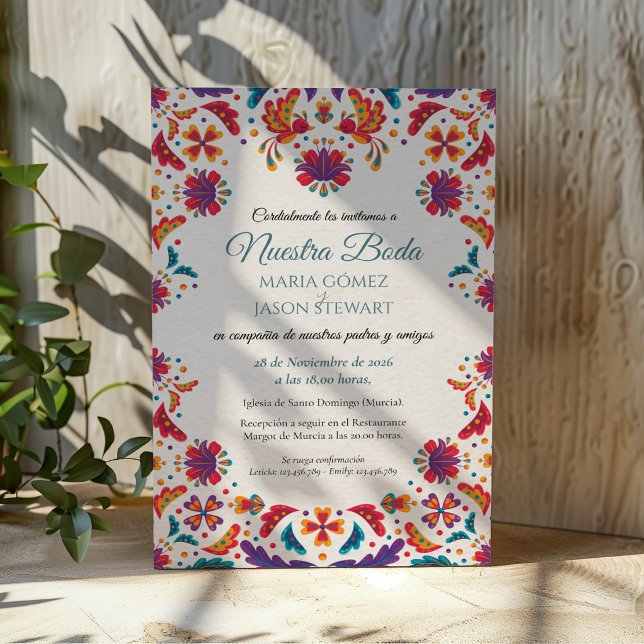 Blommig Färgrik Botanisk Blommor Spansk Bröllop Inbjudningar (Floral Colorful Botanical Flowers Spanish Wedding Invitation)