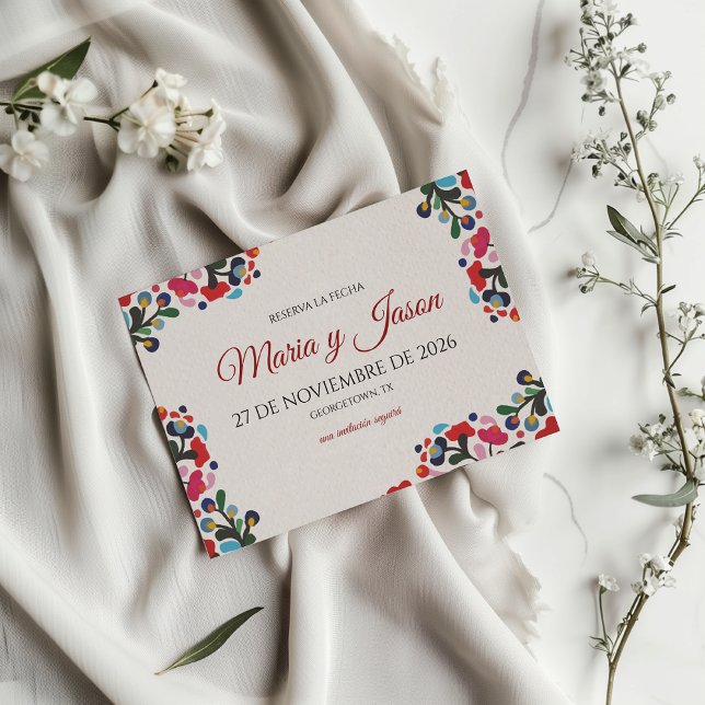 Blommig Färgrik Botanisk Blommor Spansk Bröllop Spara Datumet (Floral Colorful Botanical Flowers Spanish Wedding Save The Date)