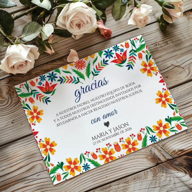 Blommig Färgrik Botanisk Blommor Spansk Bröllop Tack Kort (Floral Colorful Botanical Flowers Spanish Wedding Thank You Card)