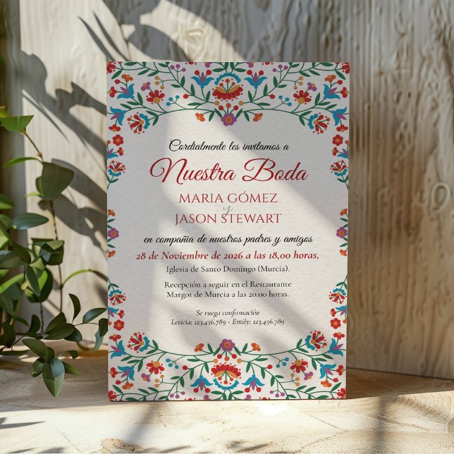 Blommig Färgrik Botanisk Romantisk Spansk Bröllops Inbjudningar (Floral Colorful Botanical Romantic Spanish Wedding Invitation)