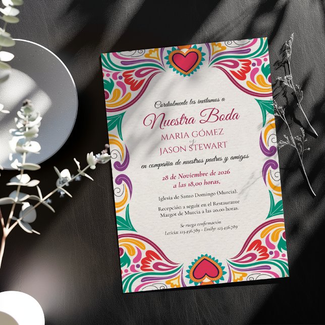 Blommig Färgrik Fiesta Boda Spansk Bröllop Inbjudningar (Floral Colorful Fiesta Boda Spanish Wedding Invitation)