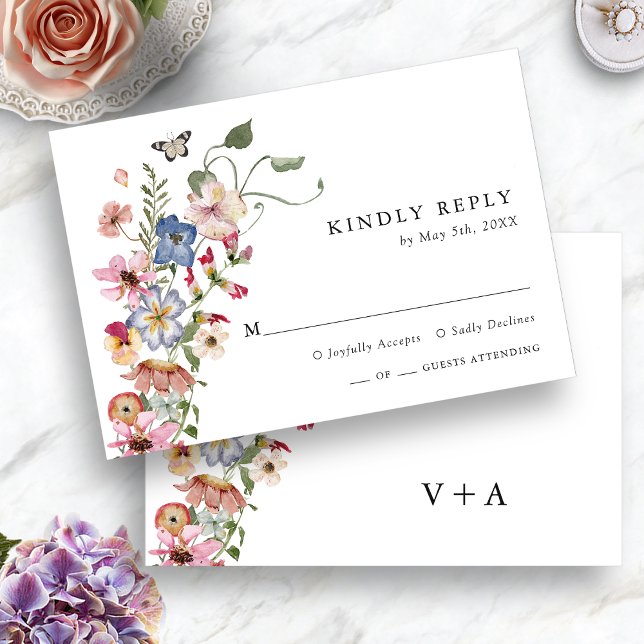 Blommig Färgrik OSA Kort (Floral Colorful RSVP Card Monogrammed with Butterfly by Painted Paperie
)